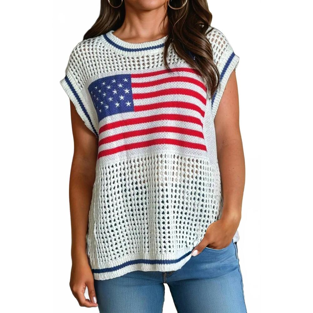 NEW SHEWIN usa flag eyelet knitted top in multicolor
